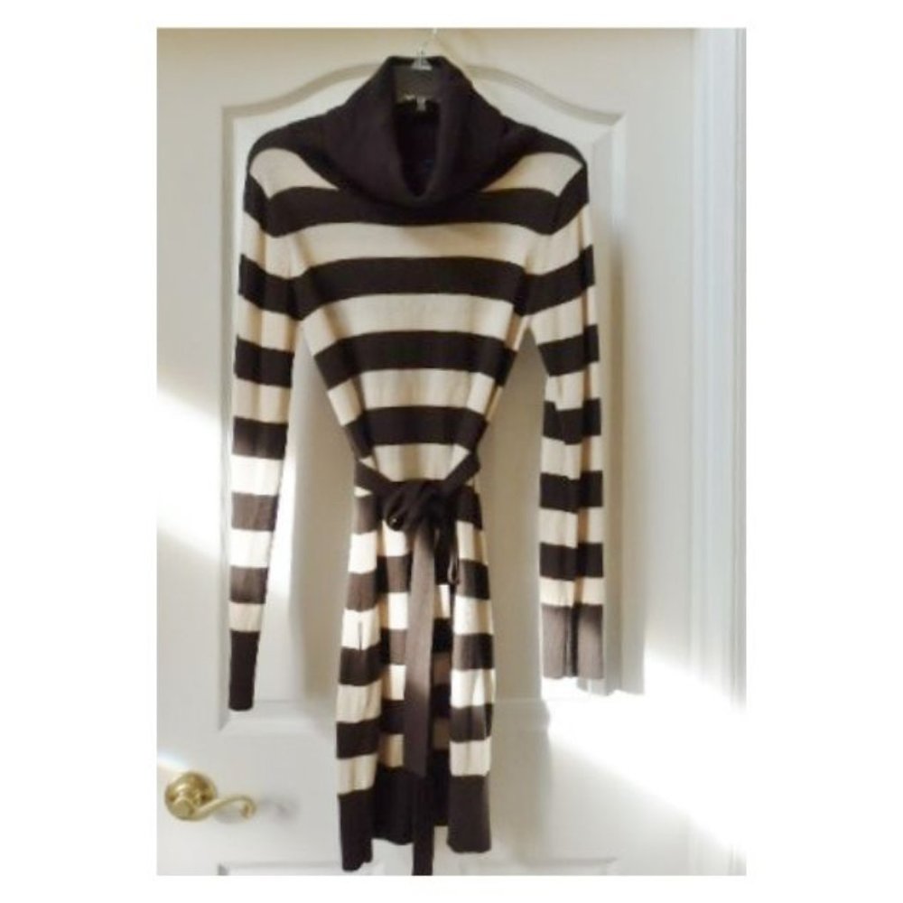 French Connection Long Sleeve, Brown & Cream Stripped Sweater Dress-Size M